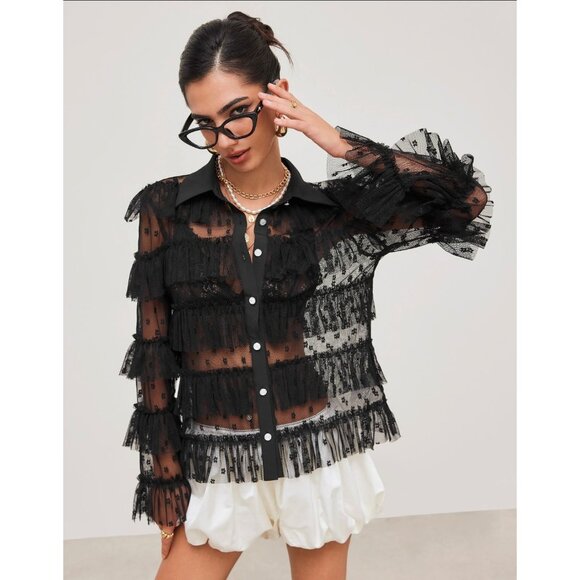 Black Mesh Floral Ruffle Layered See-Through Long Sleeve Button-Up Shirt - Picture 1 of 8